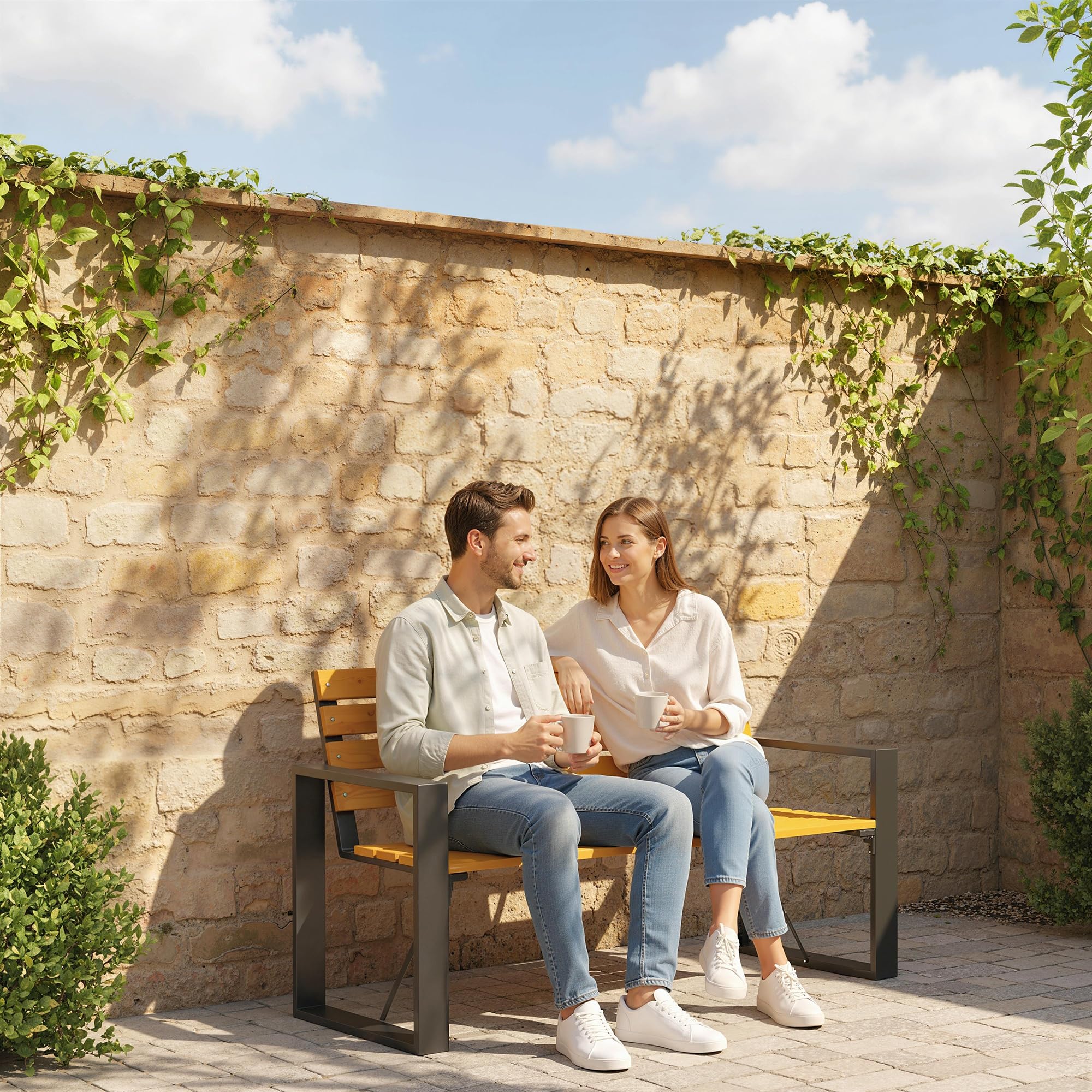 Outsunny Banco de Jardín Exterior de 2 Plazas, Banco Exterior con Respaldo y Asiento Listonado de Madera, Reposabrazos y Marco de Acero, para Patio, Terraza, 136x54x82 cm, Natural