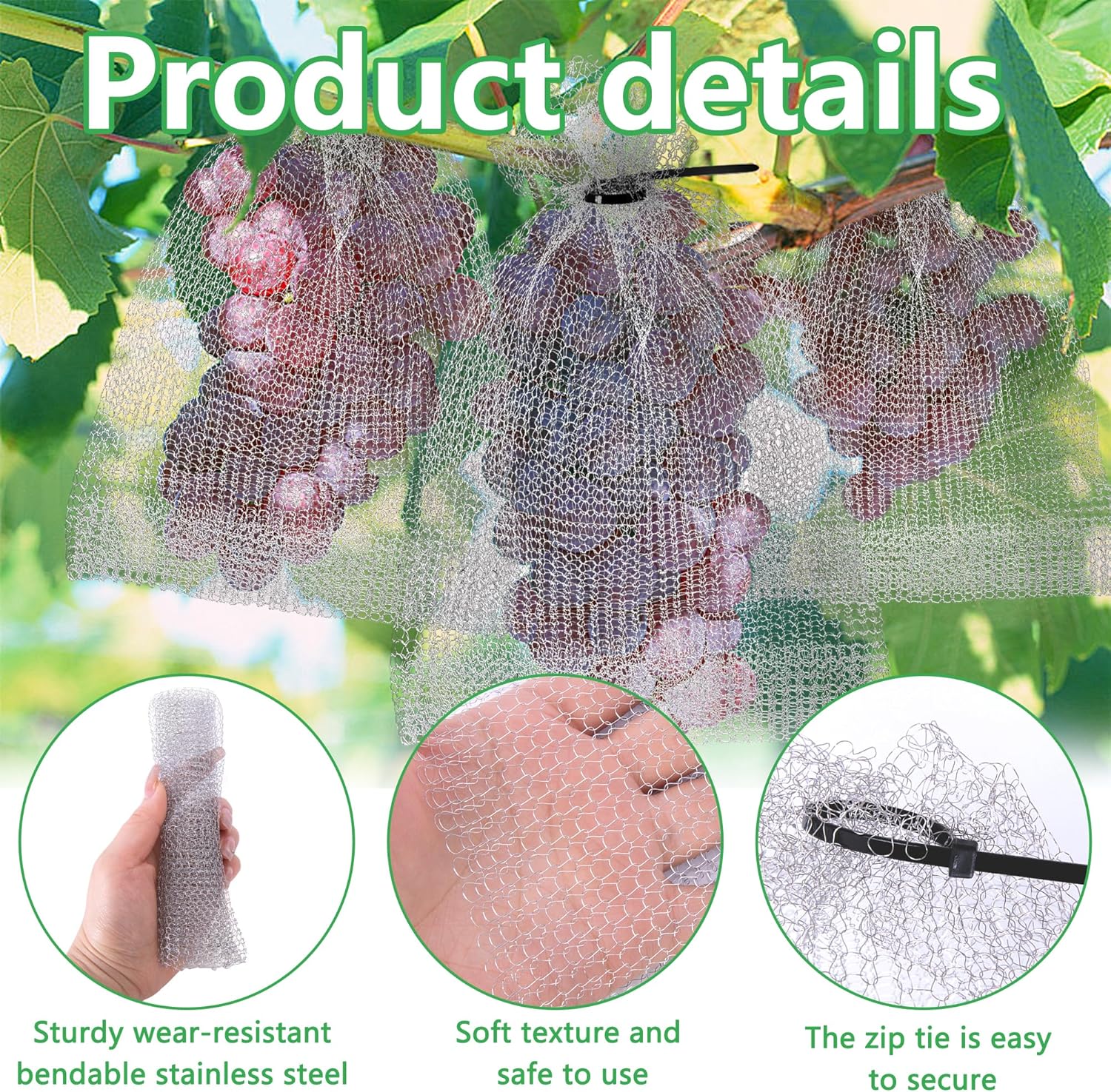 moonoom 20Pcs 8x12 Inch Stainless Steel Fruit Protection Bag, Fruit Protection Wire Cover Bag with Zip Tie, Reusable Vegetable Barrier Wire Bags for Protecting Fruits Berries Roots