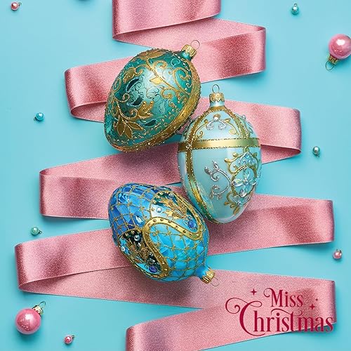 Miniatura 5 de Miss Christmas Palace Collection 2024 - Adorno para árbol de Navidad de cristal soplado de 5 pulgadas con huevo Fabergé azul y dorado (azul