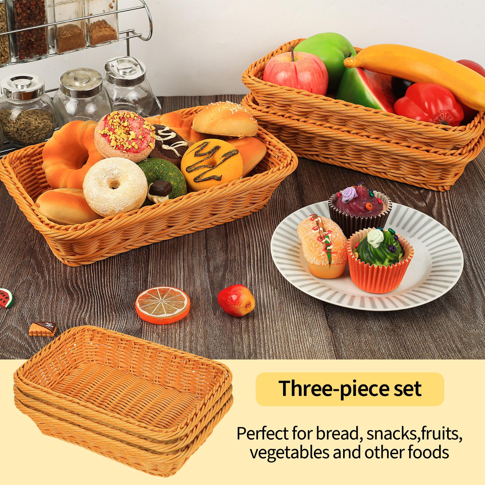 Set di 3 Cestino Pane da Tavola, Porta Pane da Cucina, Cestini Vimini, Cestini Regalo per Frutta, ristoranti, servizio di cibo, domestica (30 x 20 x 7 cm)