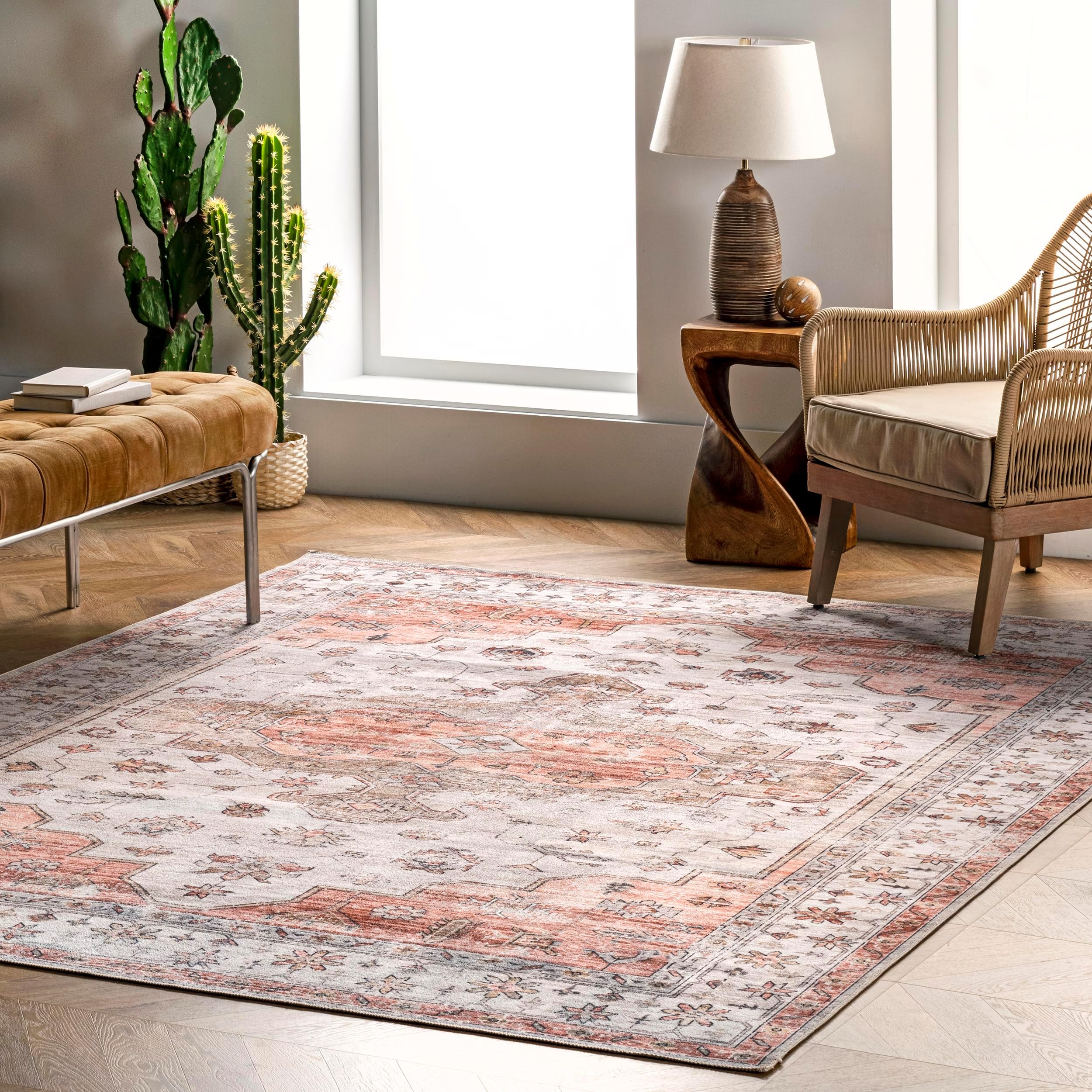 SpinClean Banks Beige/Ivory, 5' x 8', Vintage, Soft and Cozy, High Traffic, Stain Resistant, Easy Clean, Durable, Machine Washable Area Rug for Bedroom, Living Room, Dining, Foyer