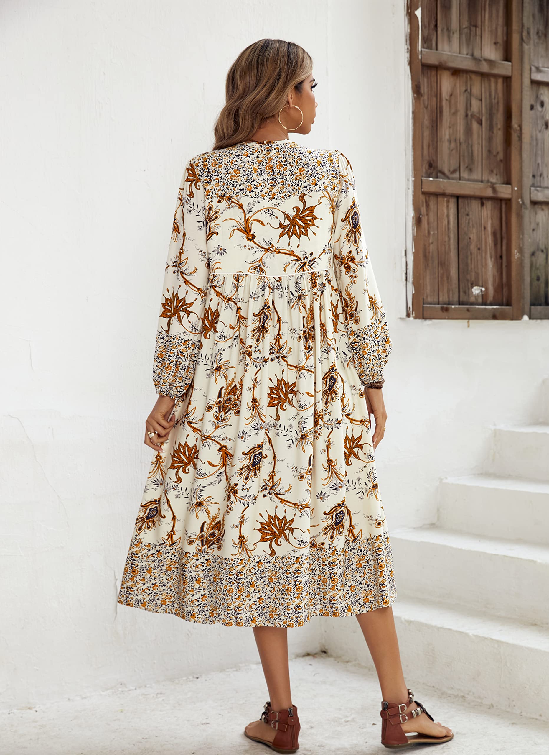 R.Vivimos Femmes Robe de Plage à Manches Longues à imprimé bohème Chic décontracté Robe élégante Midi