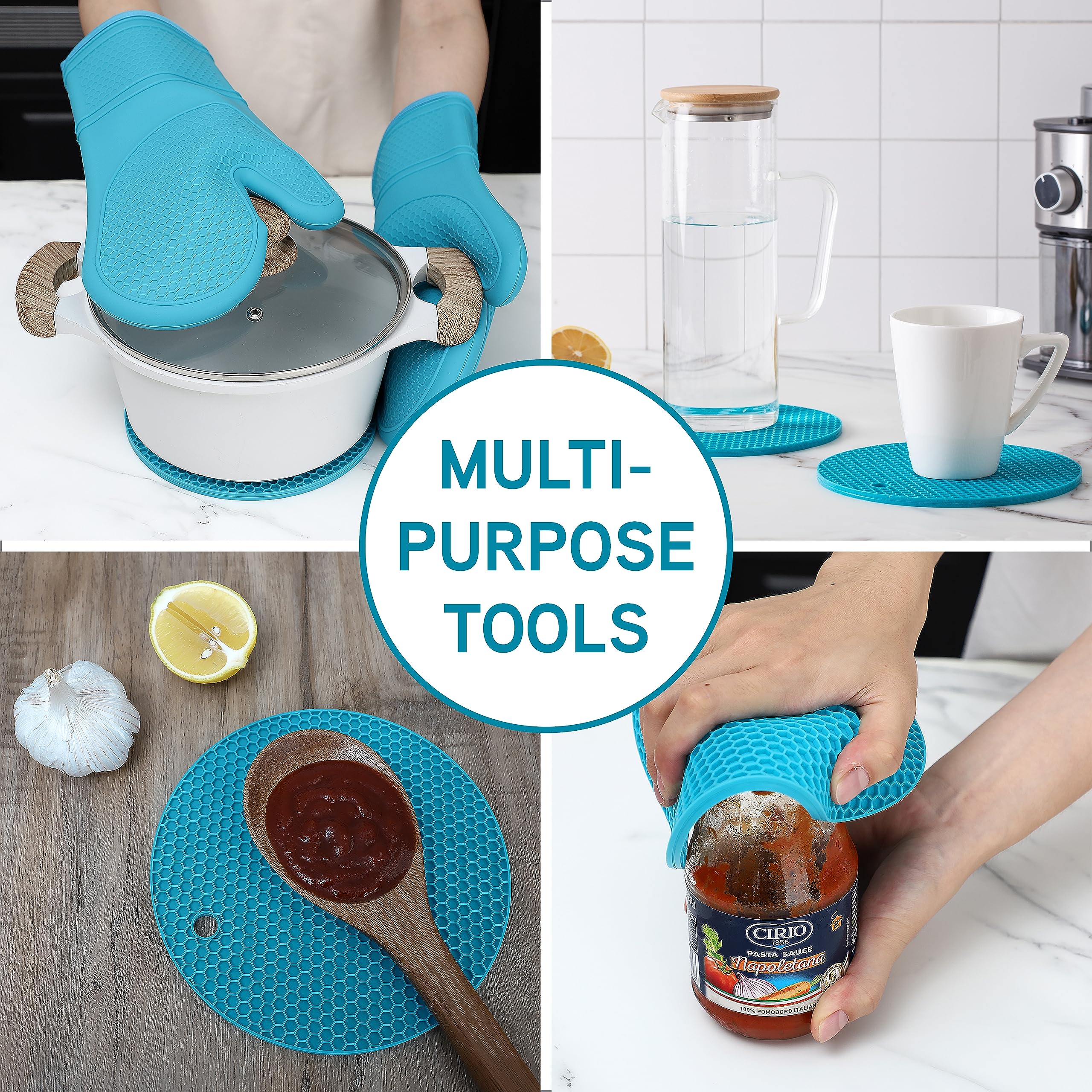 Cook with Color Silikon-Ofenhandschuhe, hitzebeständige Handschuhe mit weichem gestepptem Futter, Topflappen zum Kochen und Grillen, Blaugrün, Handschuh-Set