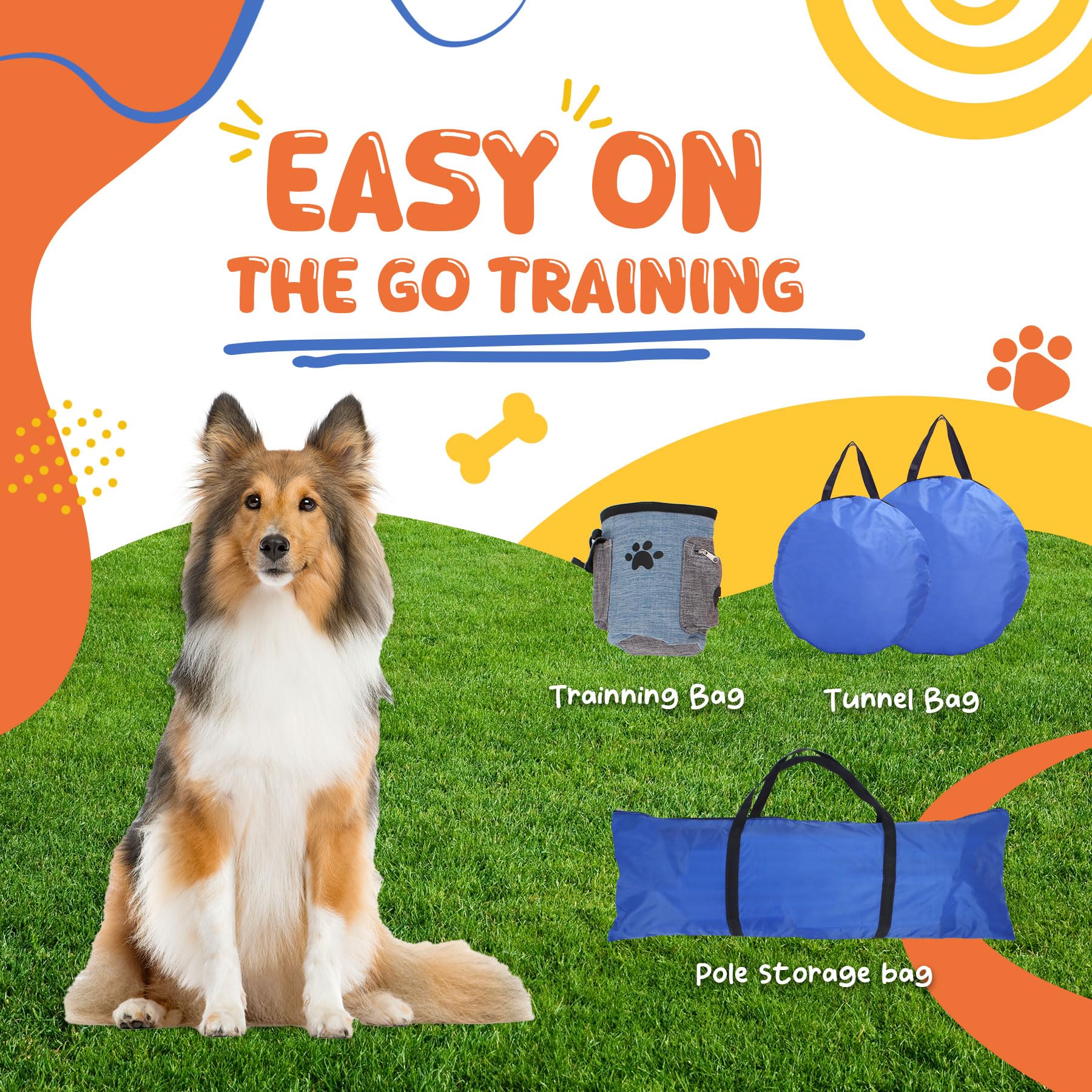 POPMOON Equipo de entrenamiento de agilidad para perros, 13 unidades de equipo de agilidad para perros | Curso de agilidad profesional para perros con saltos ajustables, túnel plegable, bola, bolsas de almacenamiento