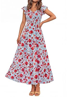 PRETTYGARDEN Women's Summer Flowy Maxi Dress Casual Cap Sleeve V Neck Smocked Beach Sundress