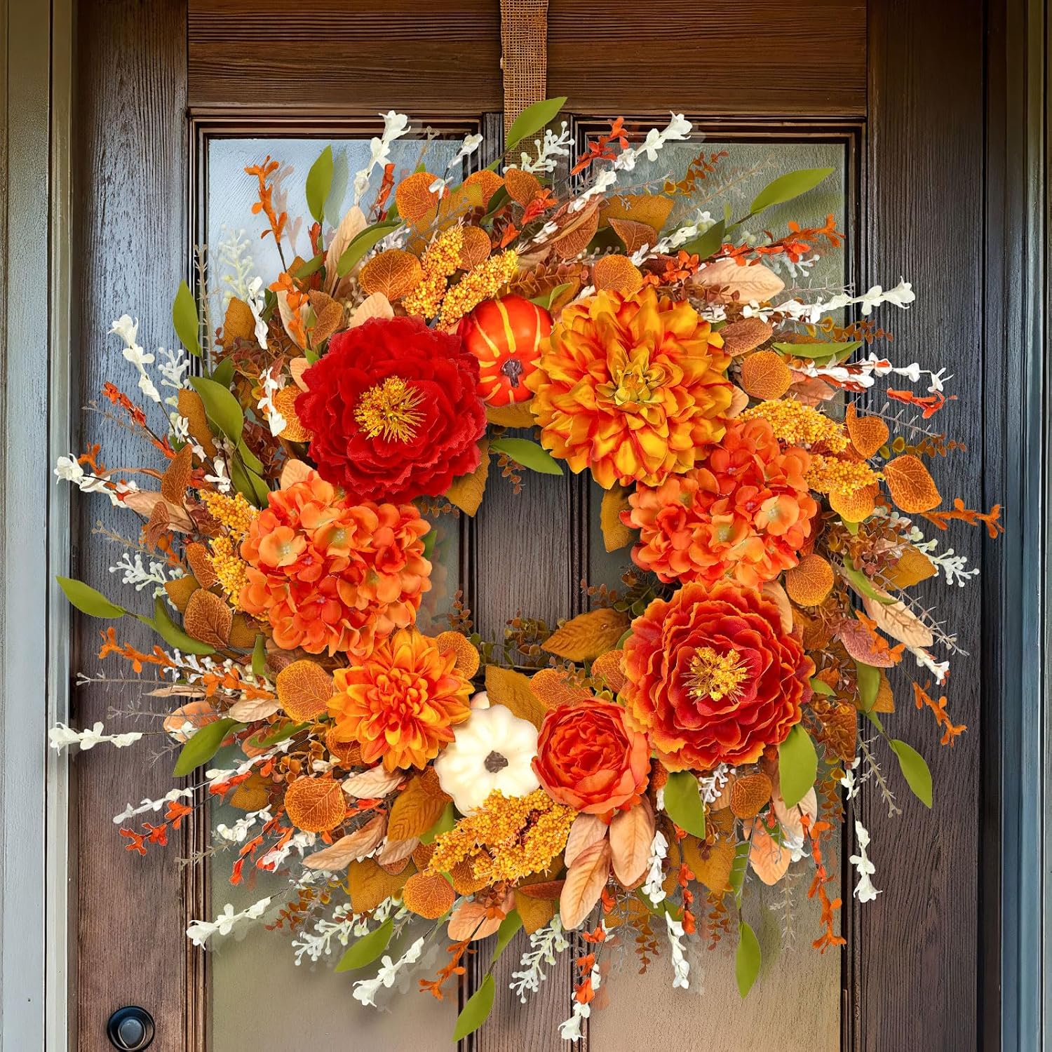 24-26Inch Fall Wreaths for Front Door,Pumpkin Wreath with Peonies Hydrangea,Large Autumn Wreath for Front Door Outside Indoors,Halloween Thanksgiving Farmhouse Fall Decorr