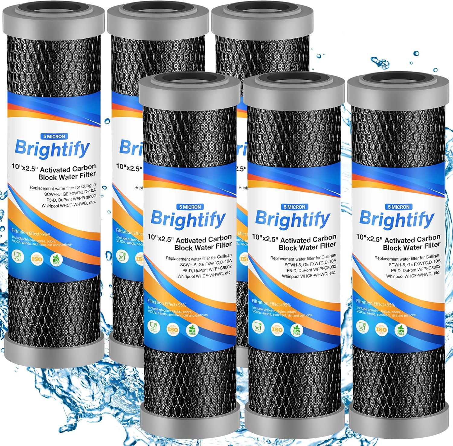 Brightify 10″x2.5″ 5 Micron Carbon Water Filter, Whole House Carbon CTO Water Filter Cartridge Replacement Fits Culligan D-10A, P5-D, DuPont WFPFC8002, SCWH-5, GE FXWTC, Whirlpool WHCF-WHWC, 6 Pack