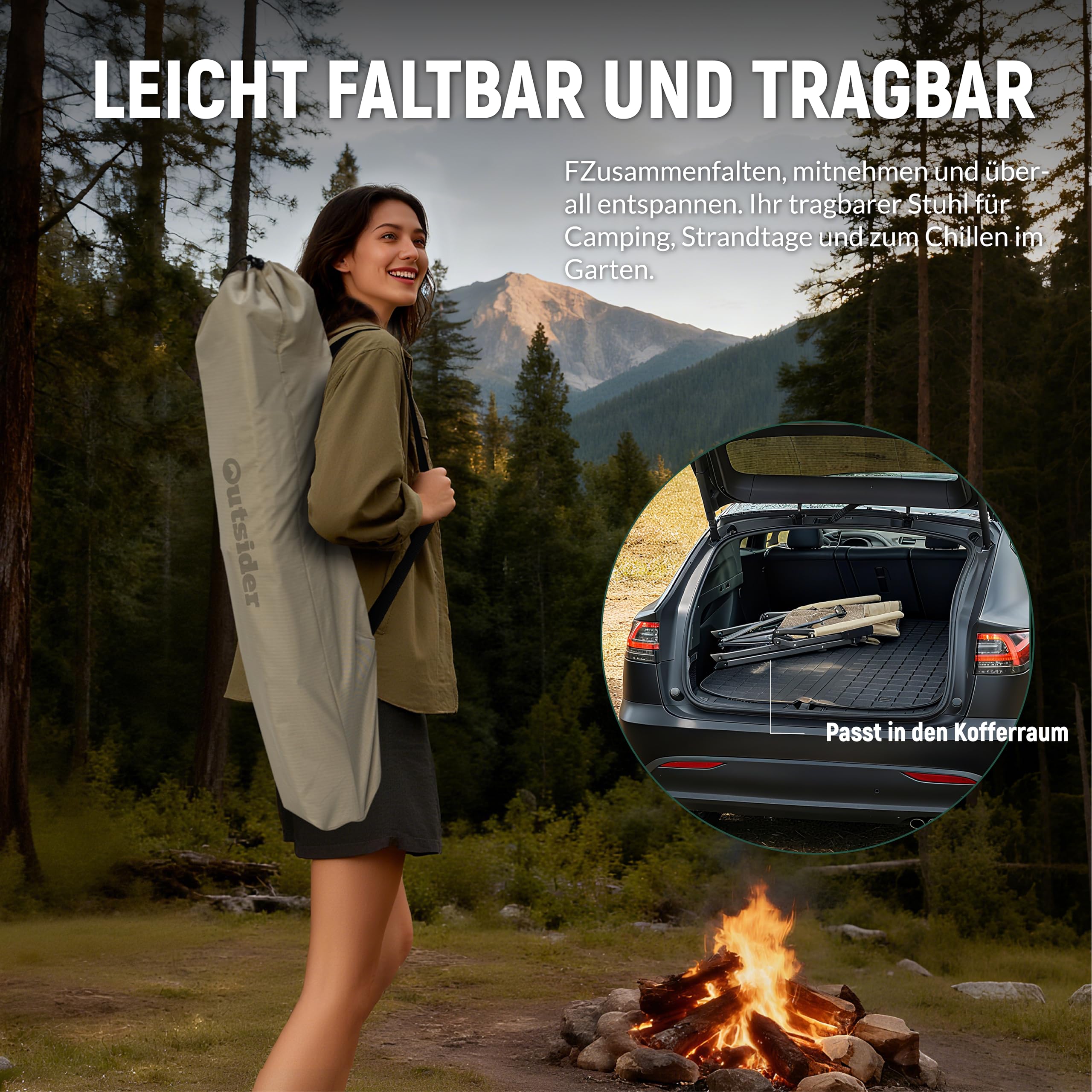 OUTSIDER Campingstuhl Klappbar Anglerstuhl Mit Verstellbarer Rückenlehne | 3-Fach Verstellbar Bis 150 kg, Atmungsaktives Netzgewebe, 600D Oxford, Tasche Für Camping, Angeln & Garten