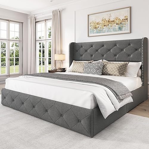 Miniatura 36 de LARMACE - Marco de cama tamaño King con 4 cajones de almacenamiento y cabecera tapizada con botones, cama de plataforma tapizada en lino con