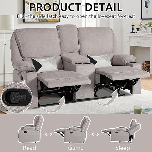 Miniatura 5 de Sofá biplaza reclinable para autocaravana, asiento de cine en casa, sofá biplaza manual con consola, 4 soportes para tazas, sofá reclinable de 2