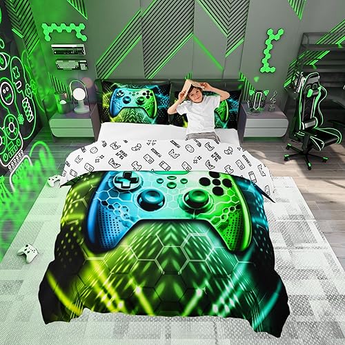 Miniatura 43 de Funda de edredón de sóftbol tamaño Queen para niños y niñas, juego de ropa de cama de color amarillo degradado, funda de edredón para juegos Camping