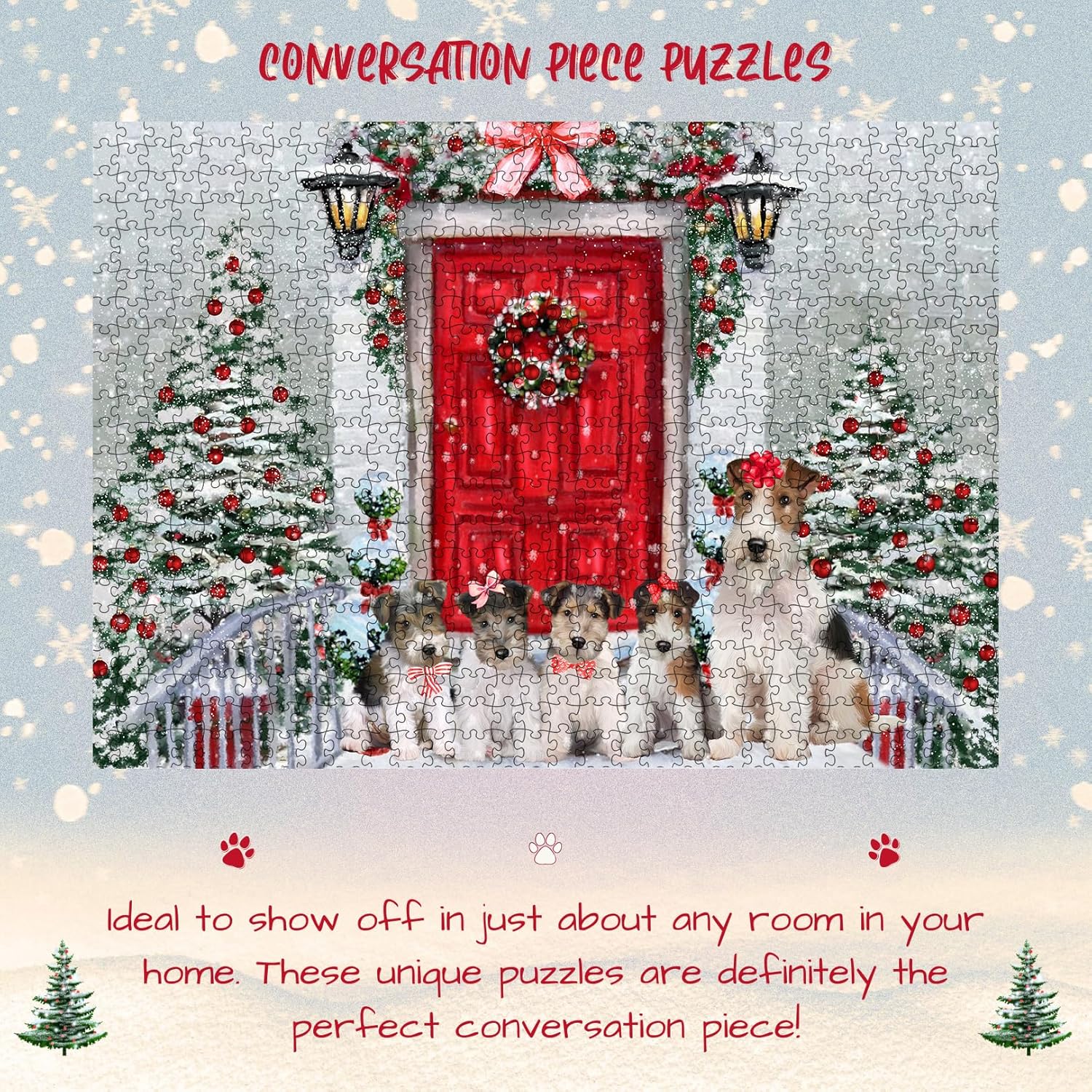 Christmas Holiday Welcome Wire Fox Terrier Dogs Jigsaw Puzzle for Adults - Animal Printed Interlocking Puzzle Game Artwork - Gift for Dog Lover's - 1000 Pcs 29.5"x19.7"