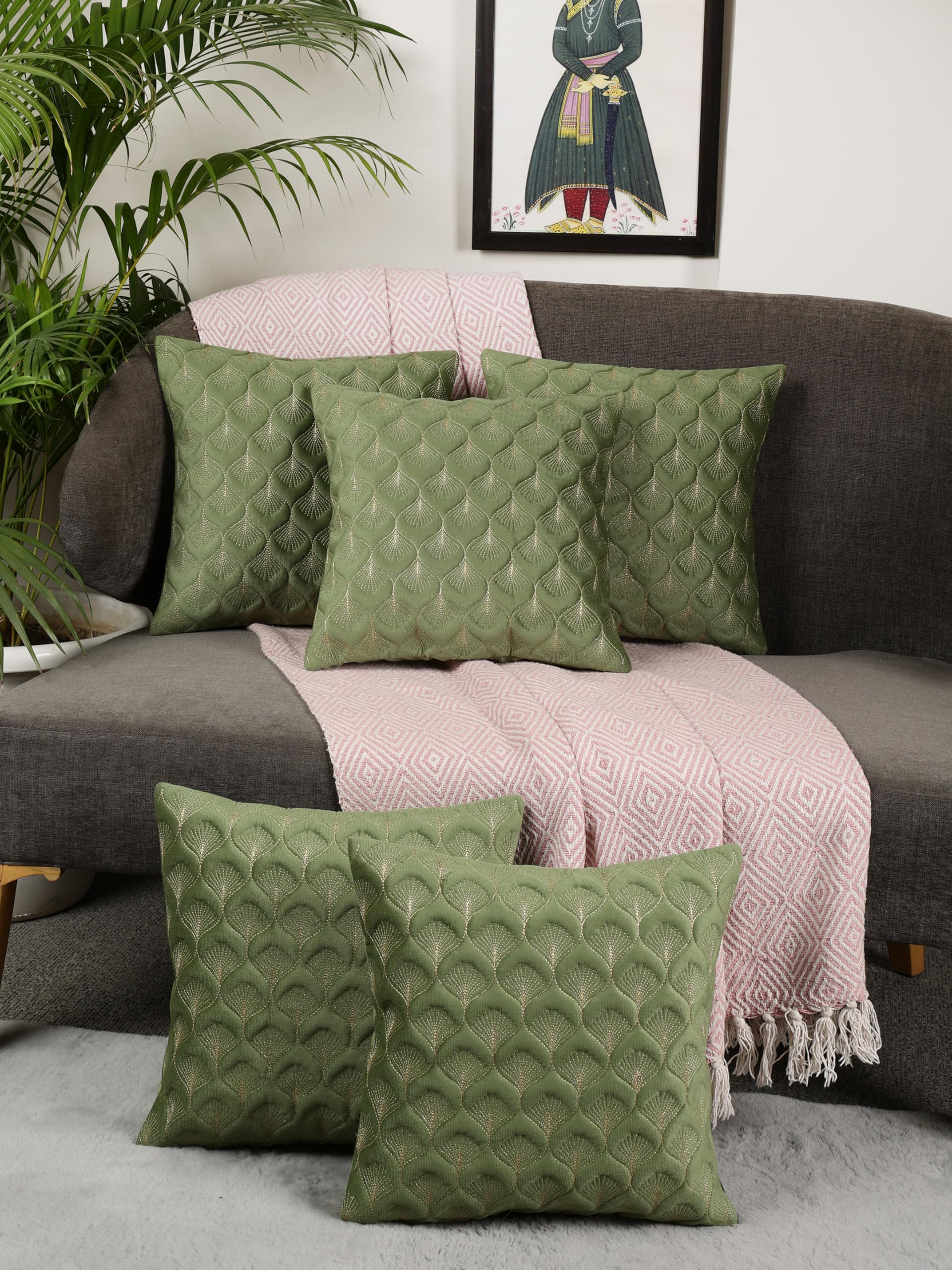 MONKDECOR Luxury Velvet Cushion Covers Set of 2 | Decorative Throw Pillow Covers 12x12 Inch | Handcrafted Sofa Cushion Cases for Living Room & Bedroom | Modern Home Decor | Feather Design Green Color-picture-17