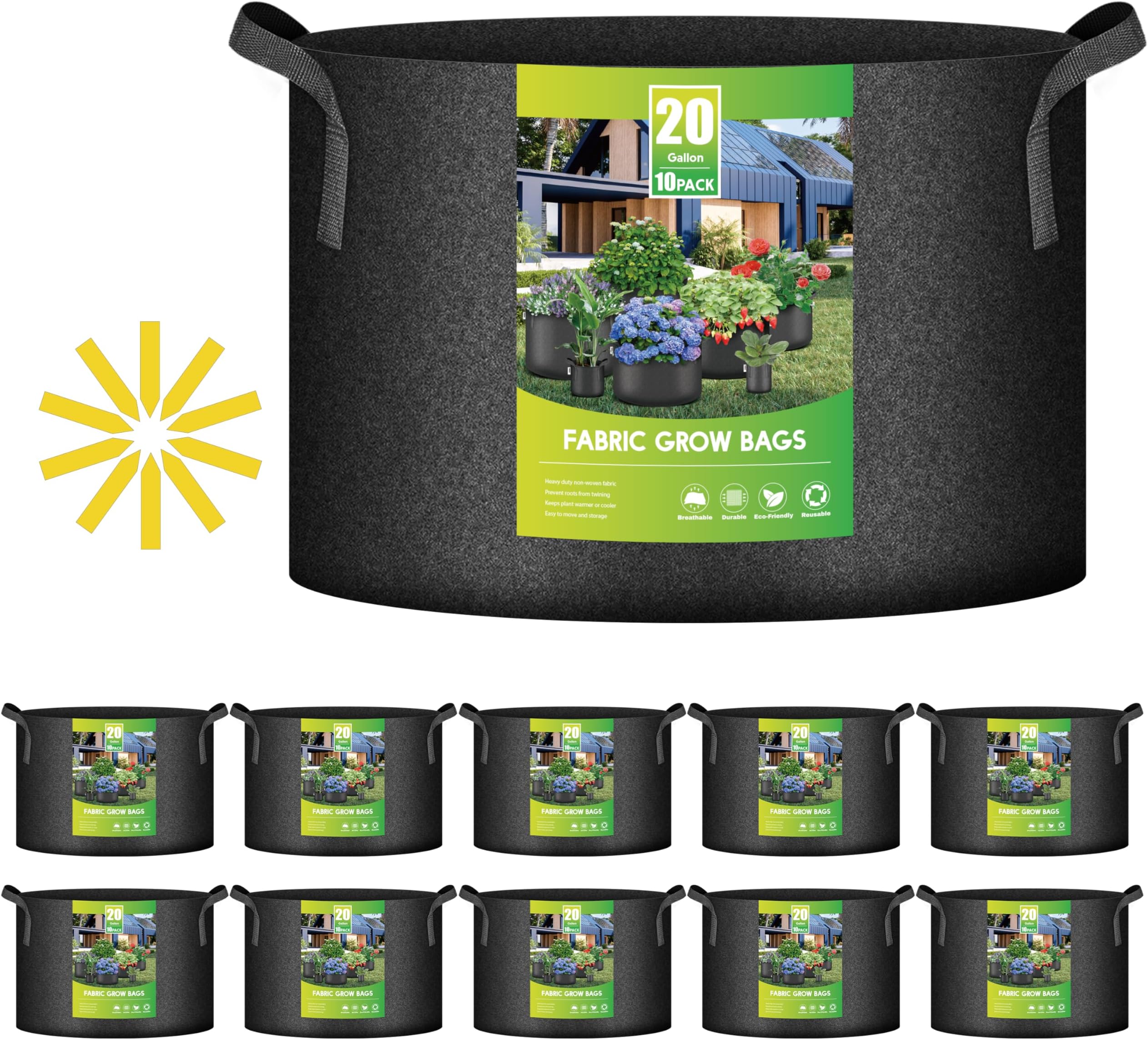 iPower10-Pack 20 Gallon Thickened Grow Bags Nonwoven Fabric Pots Aeration Container with Strap Handles for Garden and Planting, Black