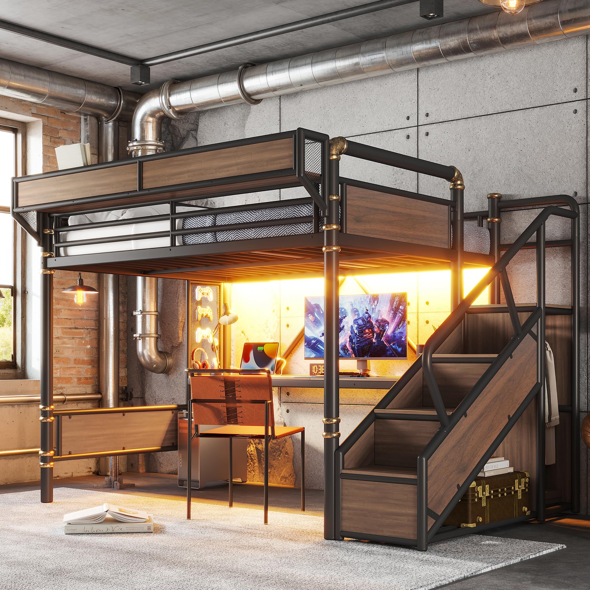 KEIKI Queen Size Metal Loft Bed Frame with Staircase and Built-in Desk