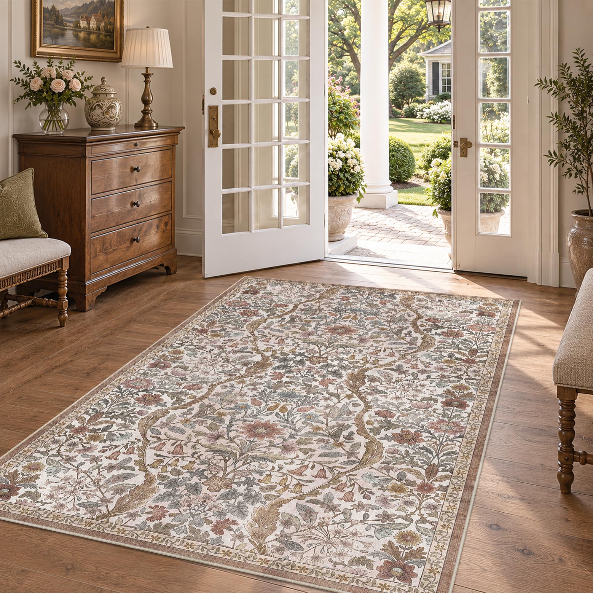 4x6 Floral Area Rug Soft Low Pile Washable Rug for Living Room