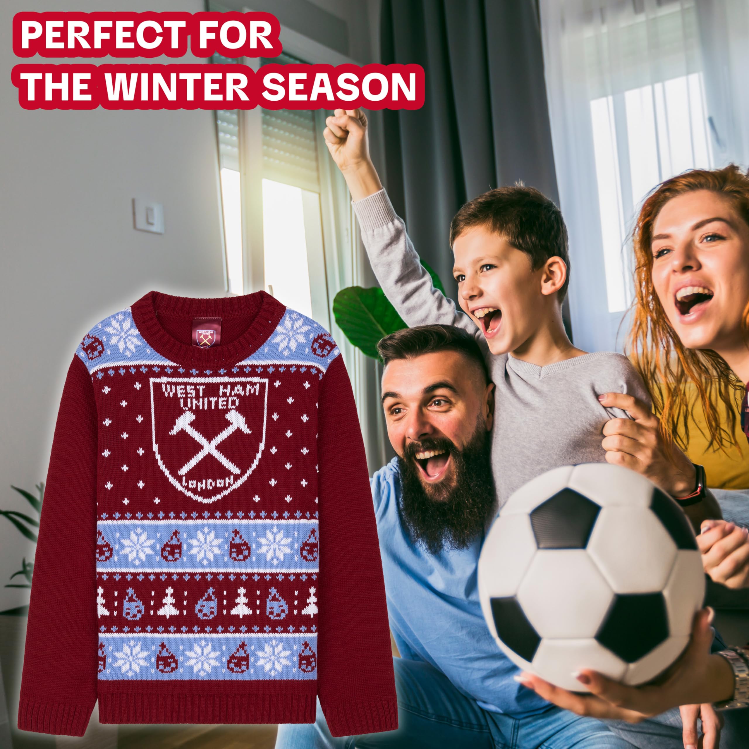 West Ham United Świąteczny sweter FC dla dzieci, nastolatków, ciepły, przytulny sweter piłkarski, Boże Narodzenie, 7-14 lat, prezenty dla chłopców z West Ham