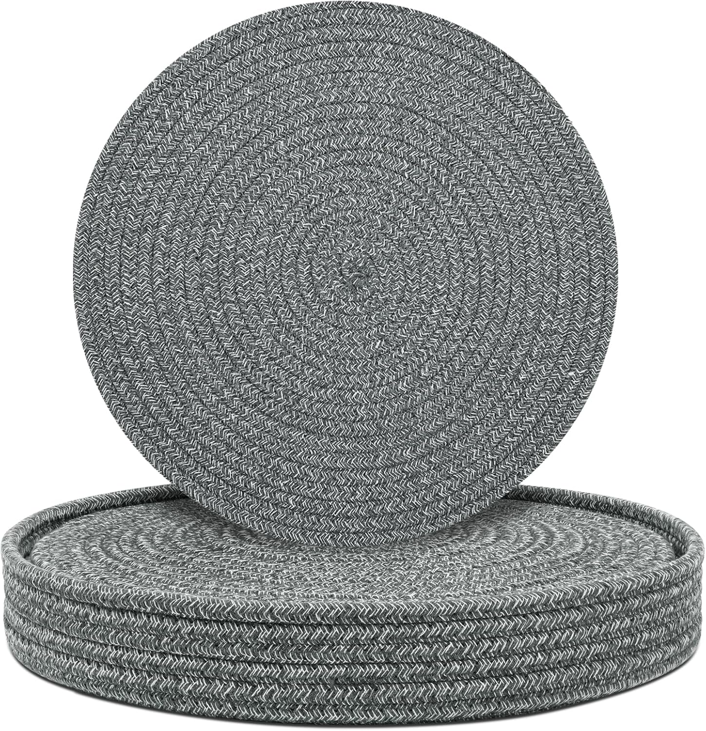 Round Placemats Set of 6 with Holder, Cotton Rope Woven Place Mats, Hot Pads for Kitchen, Heat Resistant Table Mats, 13 Inch Farmhouse Washable Braided Placemat for Kitchen Decor (Dark Gray)