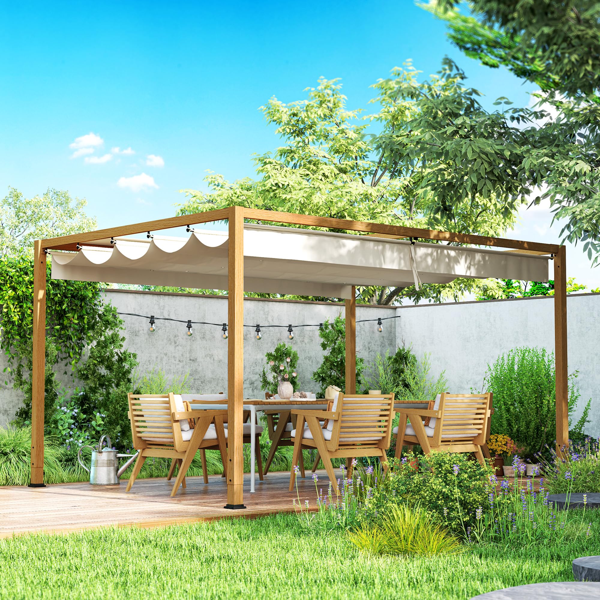 Outsunny Pergola Aluminium pergola Jardin extérieur 4 x 3 m avec Toit rétractable, système de Drainage, tonnelle de Jardin abri Soleil pour terrasse Patio véranda, Bois Naturel