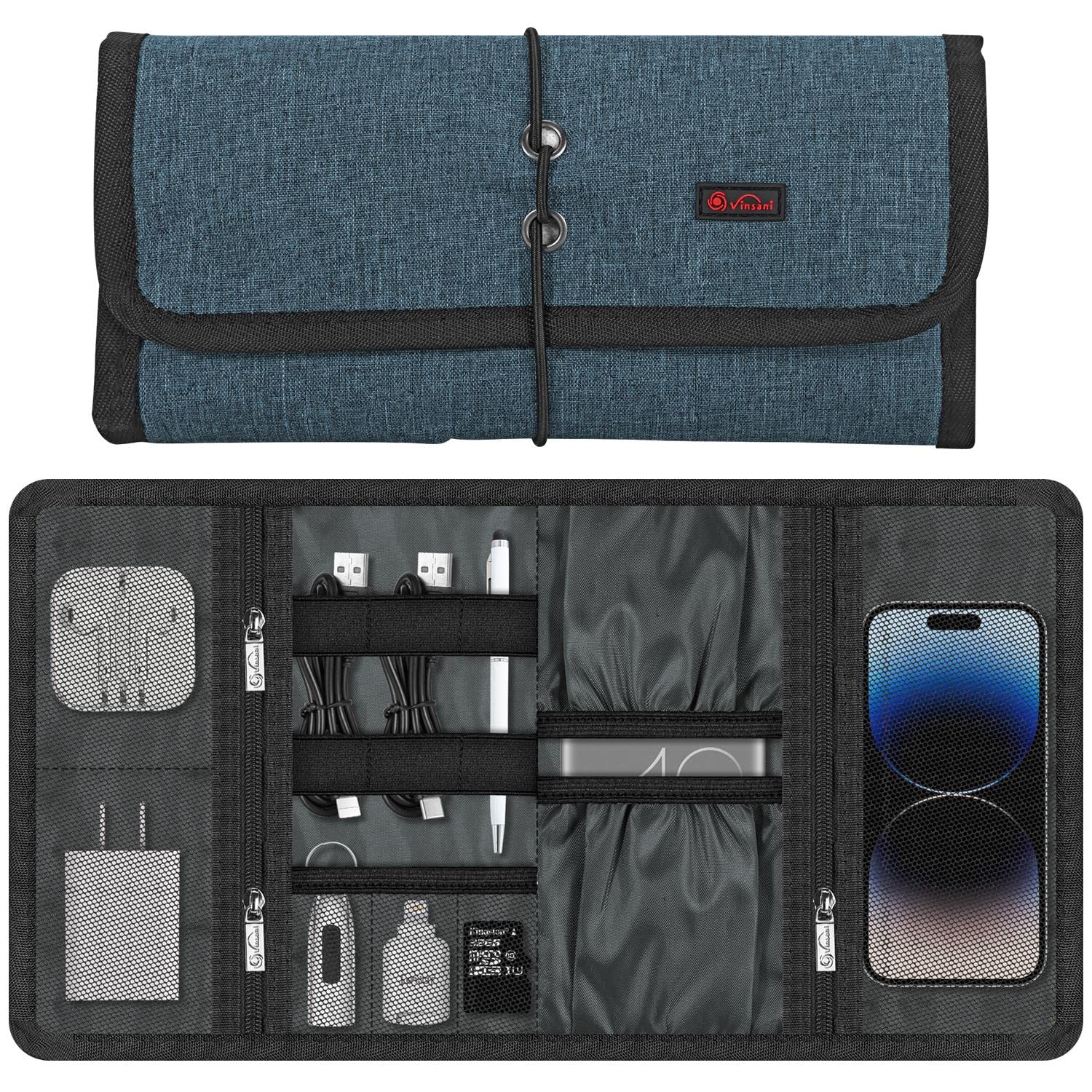 Vinsani Navy Blue Roll Up Accessories Universal Travel Organiser Easy Carry Portable Foldable Make Up Cable Charger Earphones Usb Sd Card Electronics Essentials Carrying Case –