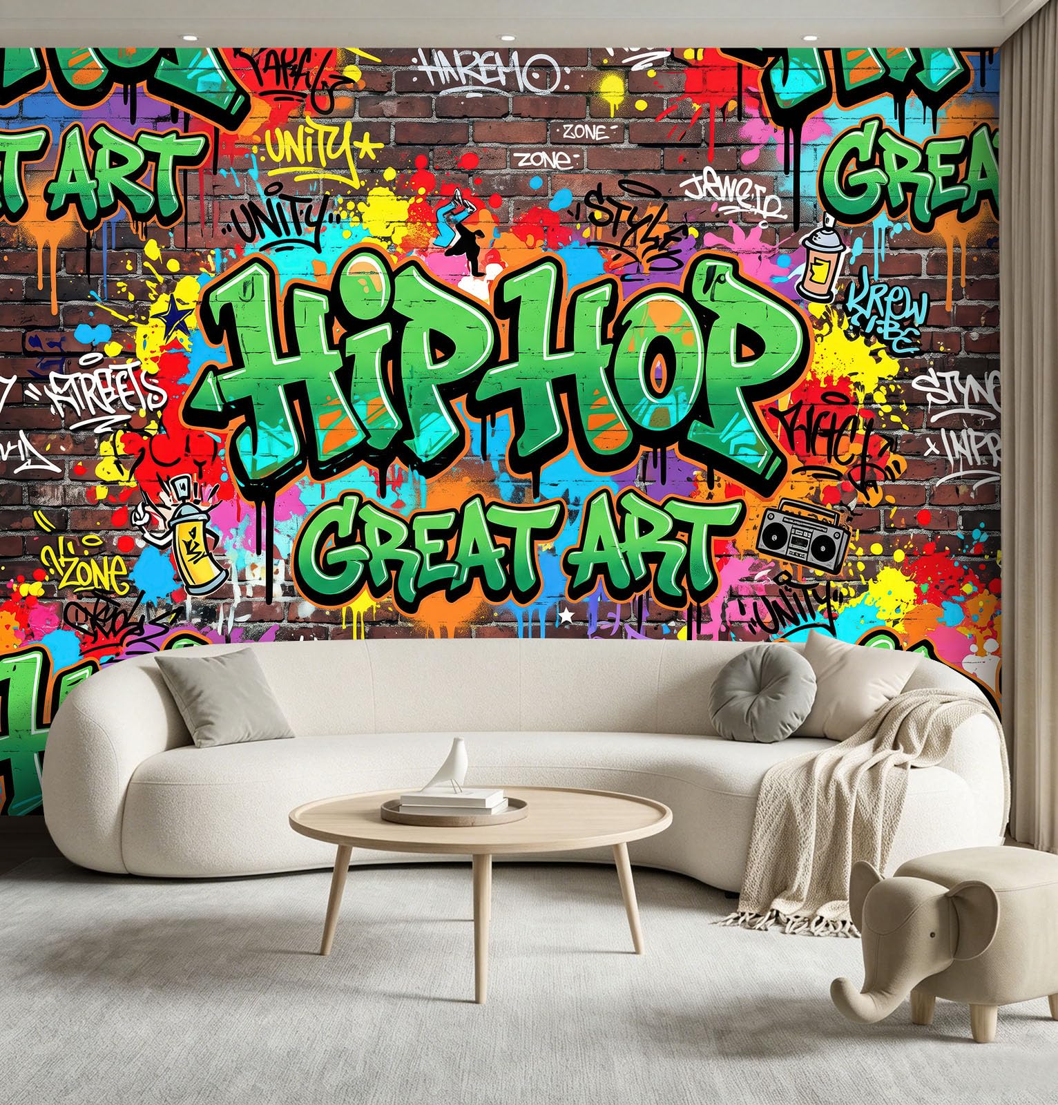 Modern Graffiti Wald Panorama Fototapete 400 x 280 cm, Tintenspritzer Buchstaben Ziegelwand Vlies Tapeten Wandtapete, Bunt Wandbilder Tapete für Wohnzimmer Schlafzimmer Apartment Flur Dekoration