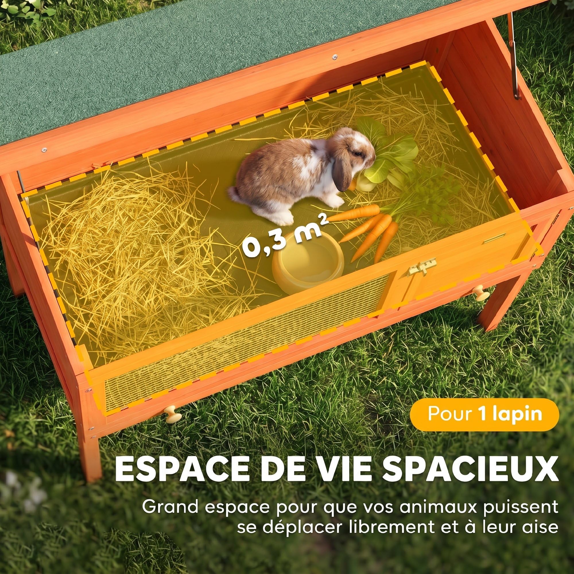 PawHut Clapier Lapin Extérieur en Bois de Pin Surélevé 90x45x65cm Orange | Cage à Lapin, Toit Ouvrable en Asphalt, Plateau Coulissant, pour Cochons d'Inde et Chinchillas