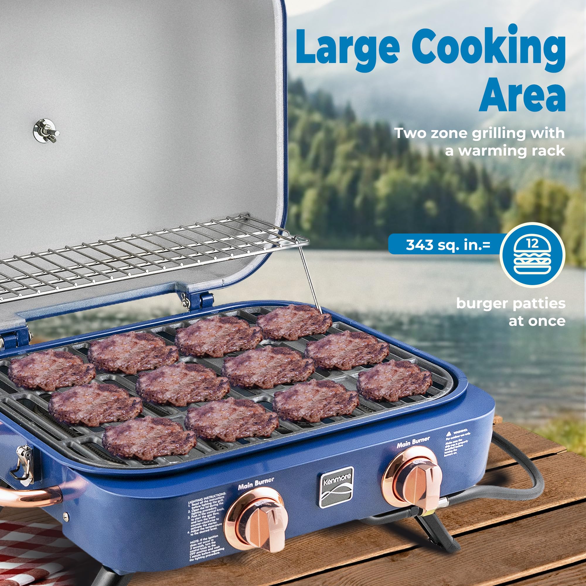 Kenmore Portable Propane Gas Grill - Barbacoa de sobremesa con rejilla para calentar - 2 quemadores de acero inoxidable con (4,1 kW) - para cocina exterior - camping - Cobre Marino