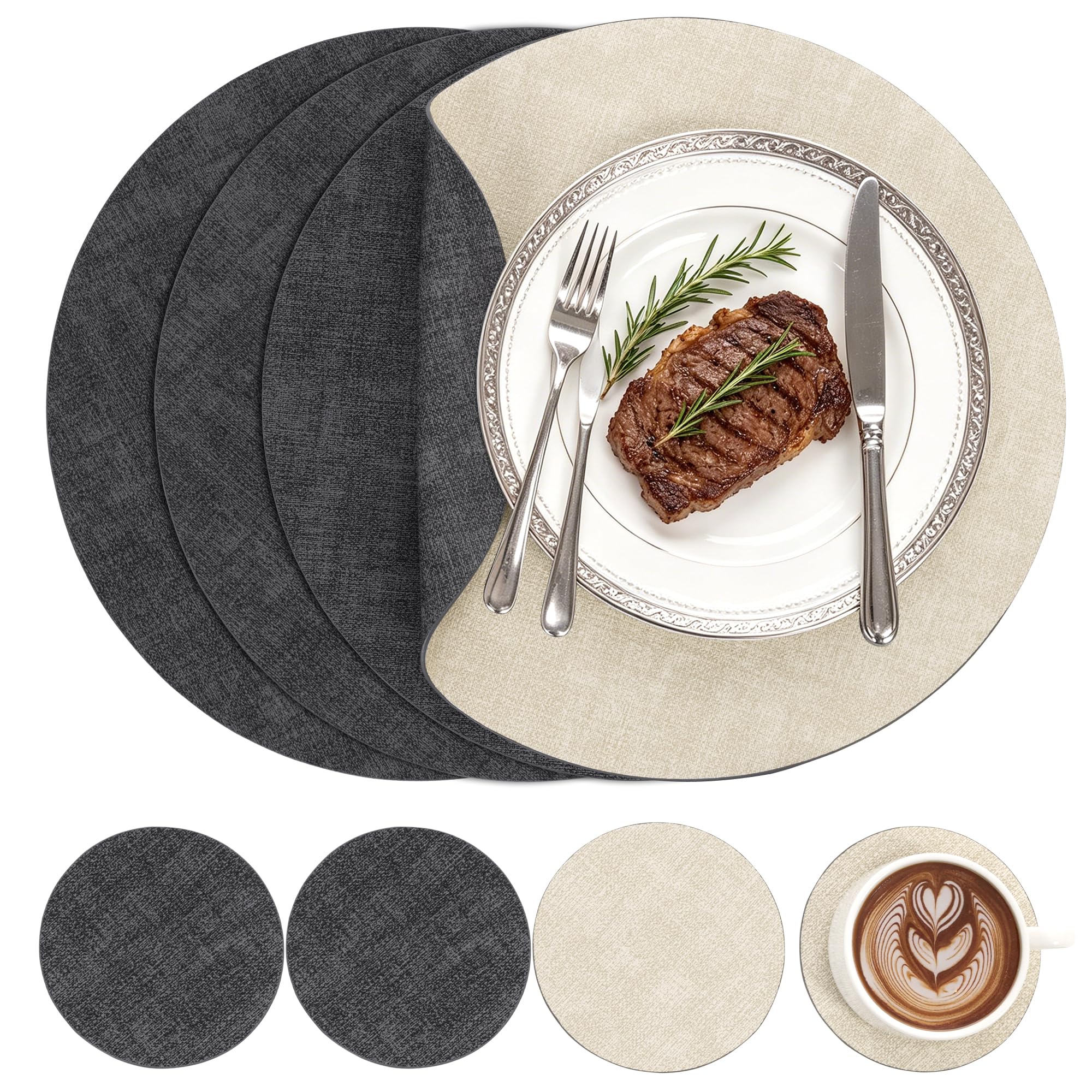 Homodeco Placemats Set of 4 Round Dual Sided Faux Leather Table Mats