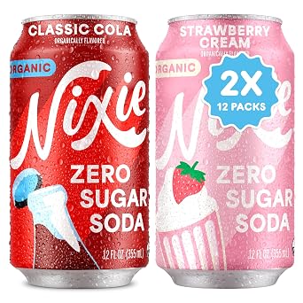 Nixie Organic Zero Sugar Soda, Classic Cola & Strawberry Cream, 0 Sugar, 0 Calories, Healthy Soda Pop, Non-GMO, 12oz Cans 24 Pack