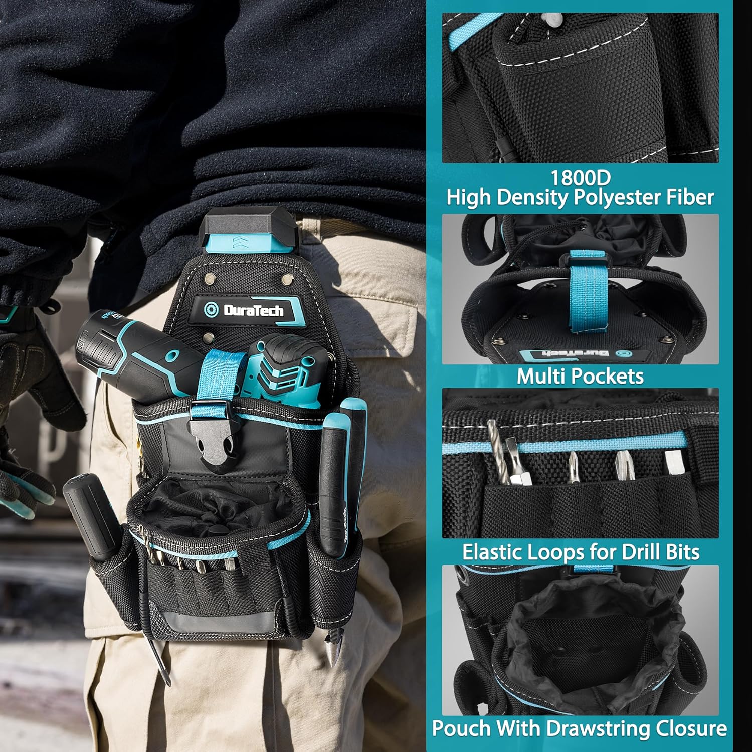 DuraTech Drill Holster with Quick Release Buckle, Driver Holster with Side Bit Pocket, Drill Holder with Holder Strap, Fits Most Belts for Electric Drills, DIY & Jobsite Use - Image 4