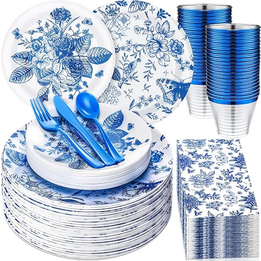 280 Pcs Blue Floral Disposable Tableware Sets Chinoiserie Plastic Dinnerware Set Serve 40 Guests 7.5'' 10.25'' Plastic Plate Napkin 9oz Cup Plastic Knife Fork Spoon for Wedding Party