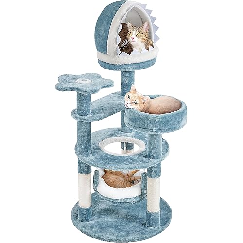 Yaheetech 45.5in Ocean-Themed Cat Tree Multi-Level Cat Tower, Plush Pet Furniture with Shark's Mouth-Shaped Nest, Sea Star-Shaped Perch, Jellyfish-Style Hammock for Indoor Kitty