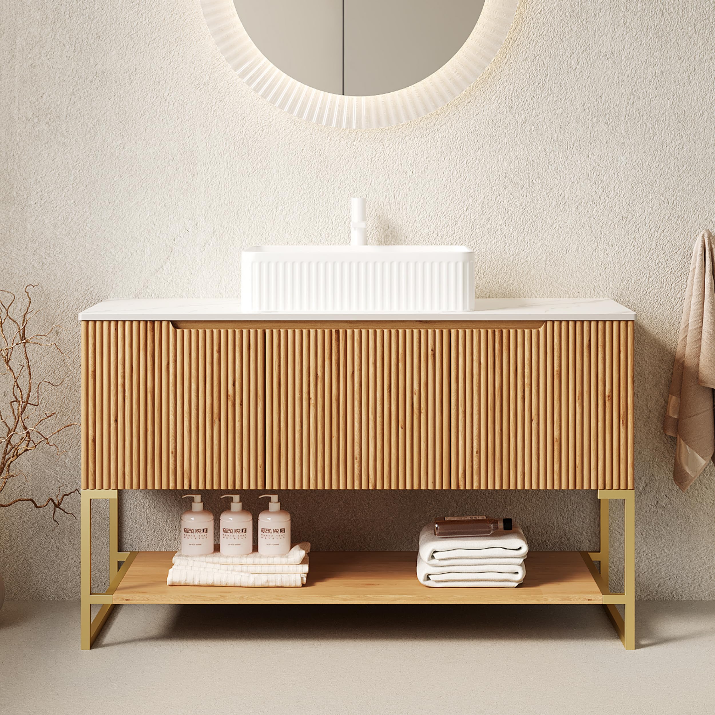 GUCOGUKA 48 inch Wood Color Bathroom Vanity with Black Ceramic Vessel Sink and Sintered Stone Countertop