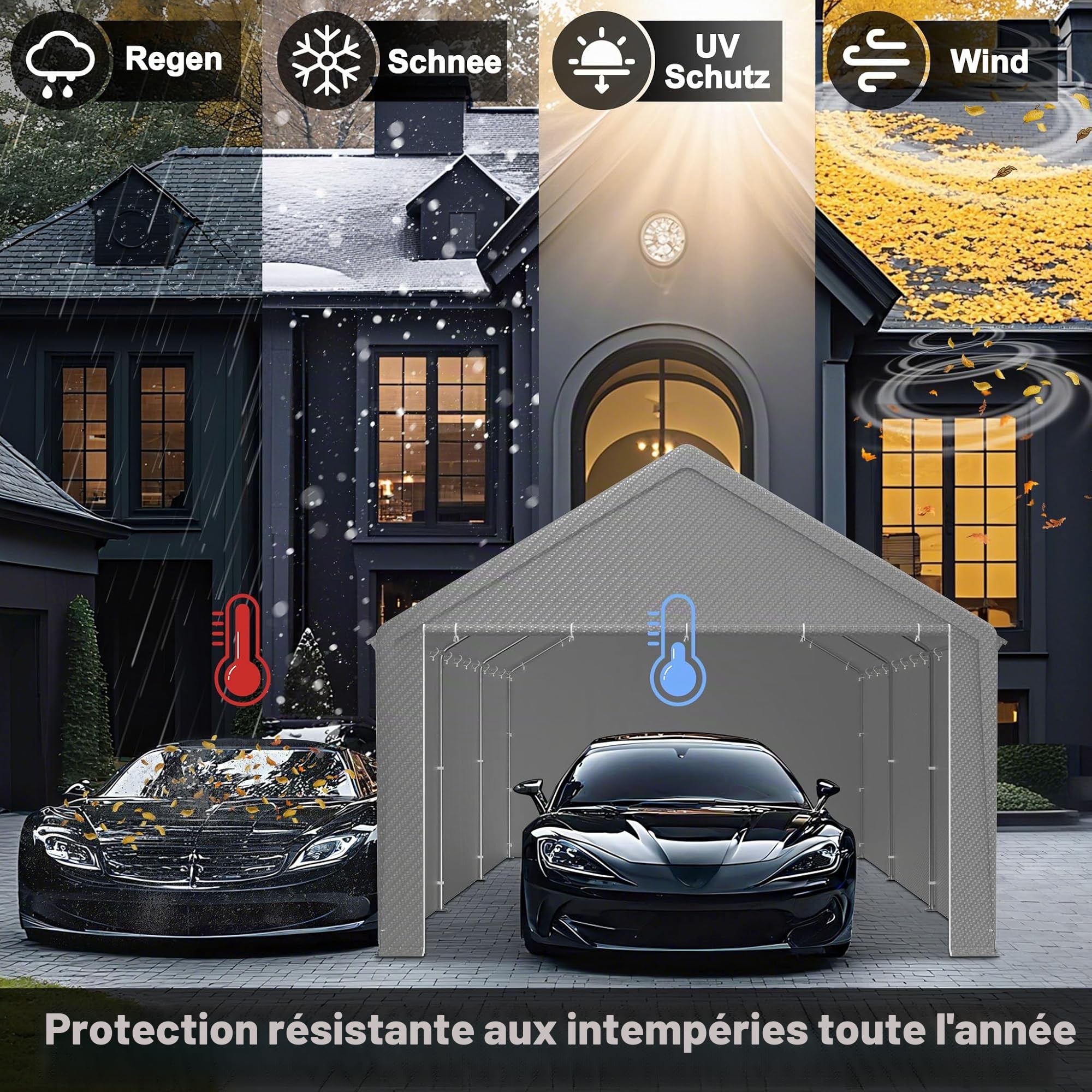 Carport, tente de rangement, 4 x 6 m, gris, structure en acier galvanisé, bâche en polyéthylène 200 g/m², imperméable, protection UV, avec bâches latérales, renfort de toit et accessoires