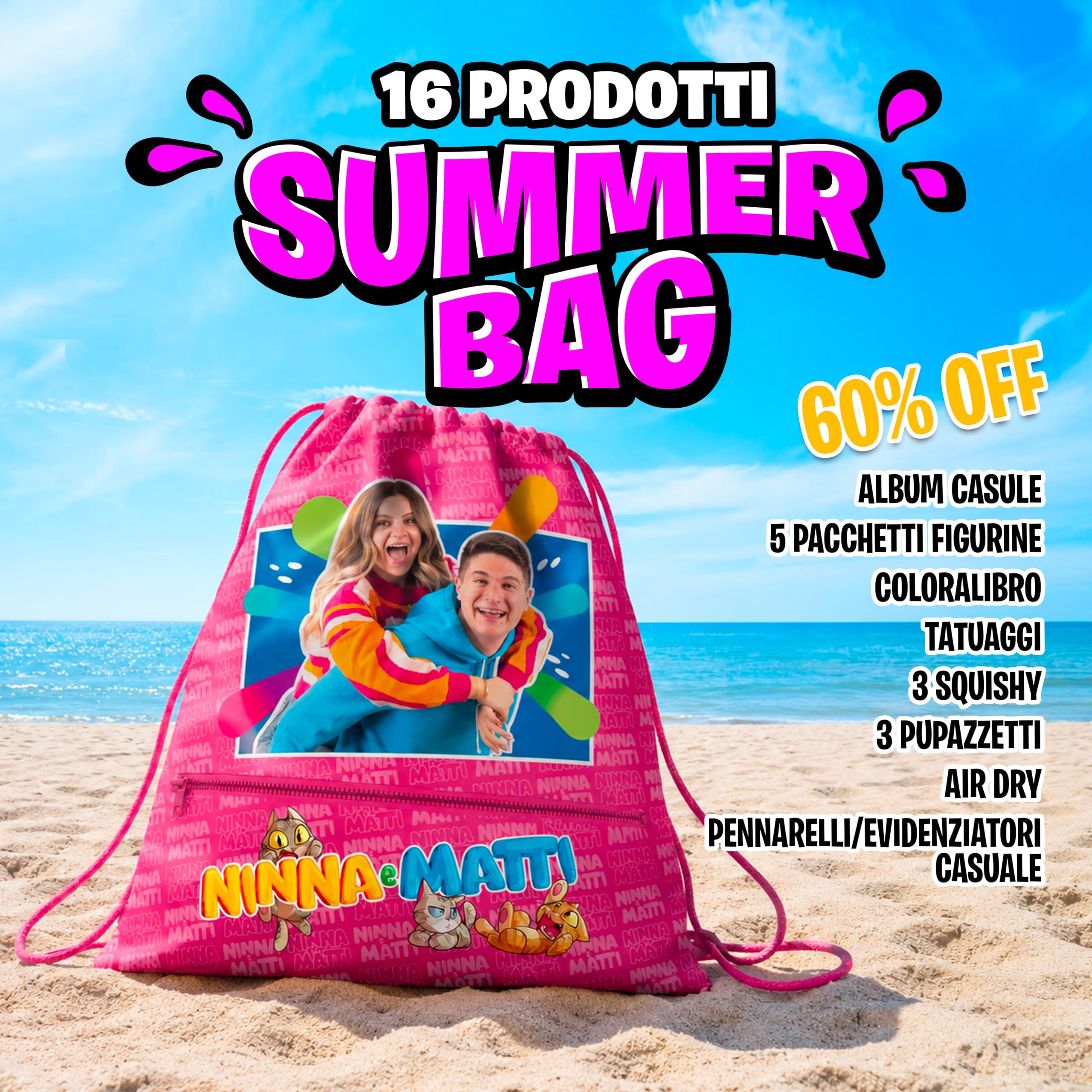 NINNA e MATTI Summer Bag, Box Regalo con Tantissimi Prodotti Ufficiali | Gadget, Figurine, Pupazzetti, Penne etc. (Summer Bag - 16 Pezzi)