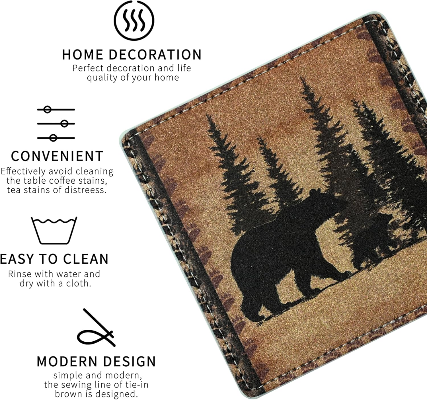 Marble Coasters Square Leather Drinks Coaster Set with Holder for Coffee Table Bar Home Decor 4 Inches Set of 6 (Forest Animals, One Size) - Image 3