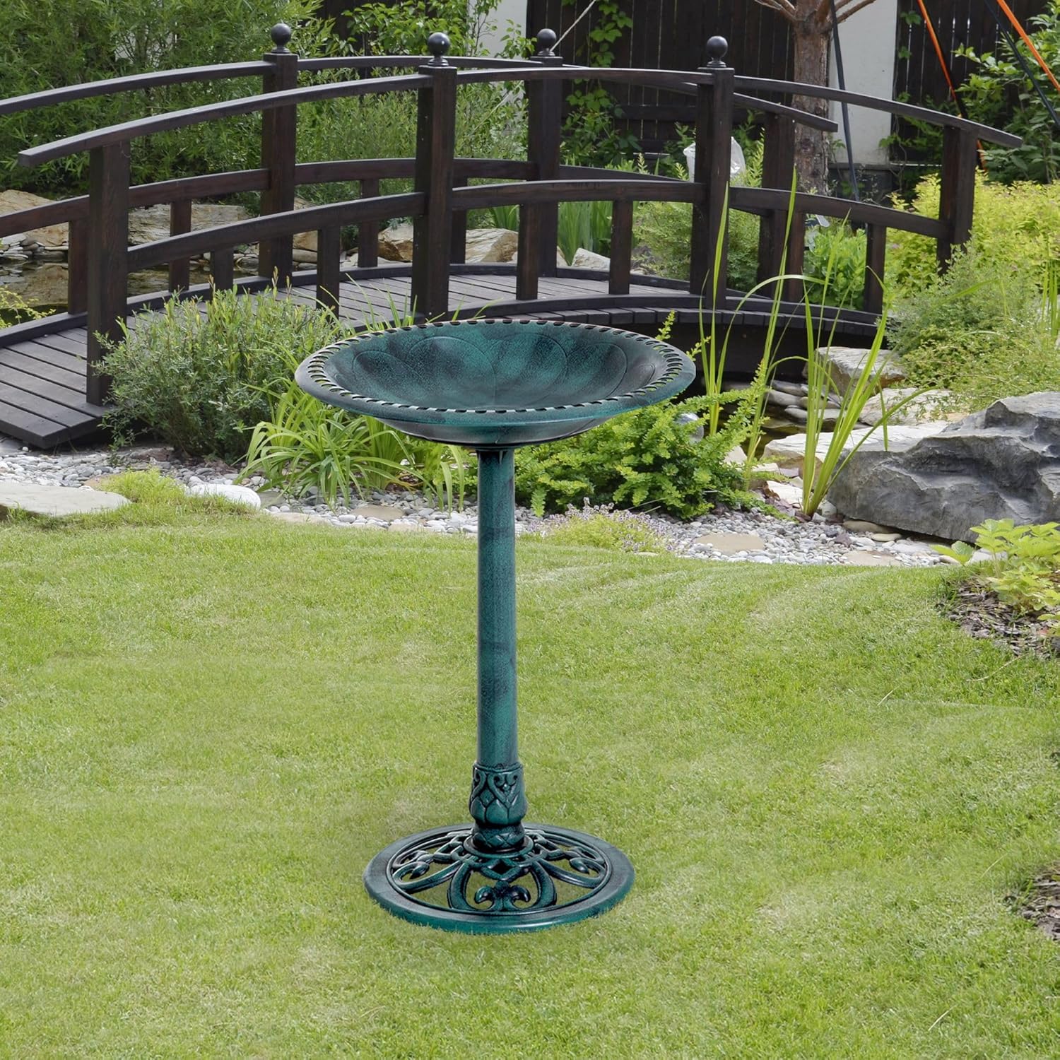 28'' Outdoor Resin Bird Bath with Fleur-de-Lis Pedestal – Antique Verdigris Finish, Weather-Resistant & Sturdy Design | Includes 3 Ground Stakes for Stability