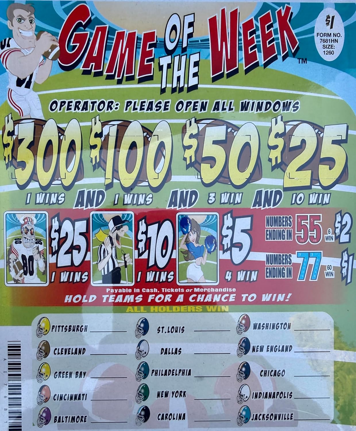 Game of the Week 'All Holders Win' Bingo Pull Tabs Game, Seal Card