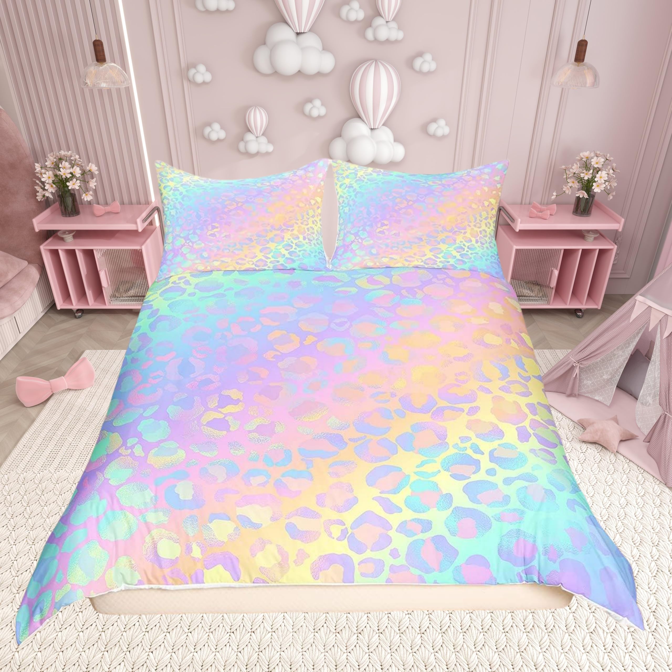 Castle Fairy Rainbow Leopard Duvet Cover for Boys,Girls Girly Colorful Glitter Comforter Cover Full Size,Cheetah Print Bedding Set Kids Teen Room