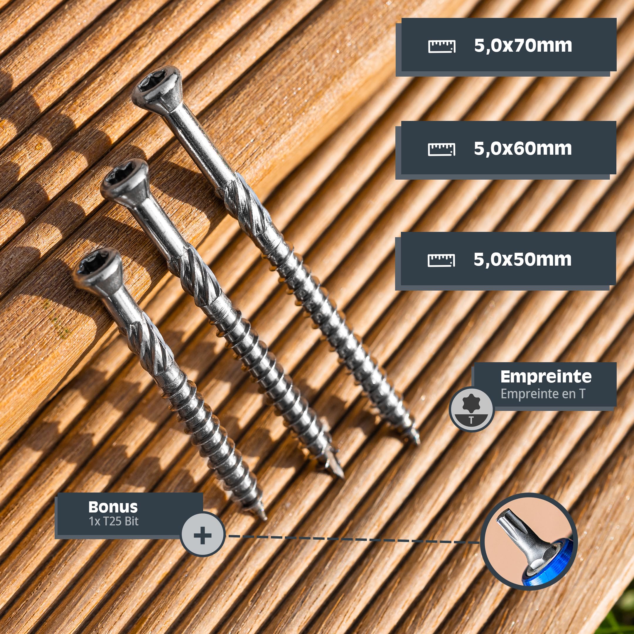 HELPMATE – Vis pour terrasse – 5x50 mm – acier inoxydable A2 – 200 vis pour planches + 2 embouts T25 – Vis pour l'extérieur