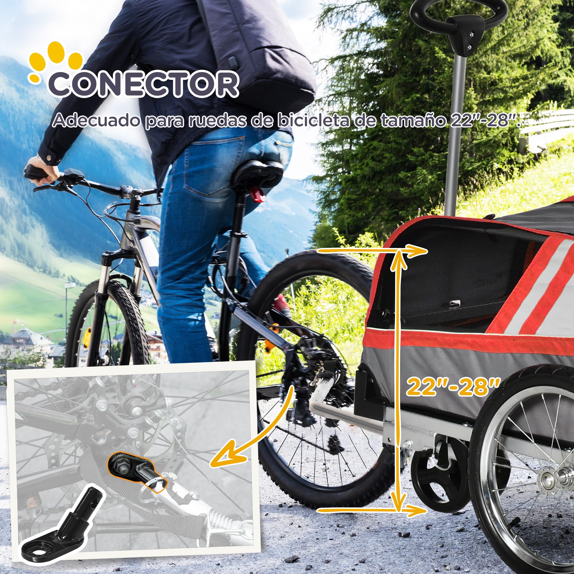 PawHut Remolque de Bicicleta para Perros 2 en 1 Carrito para Mascotas con Enganche Cubierta Enrollable Cinturón de Seguridad Bandera y Reflectores 130x64x97 cm
