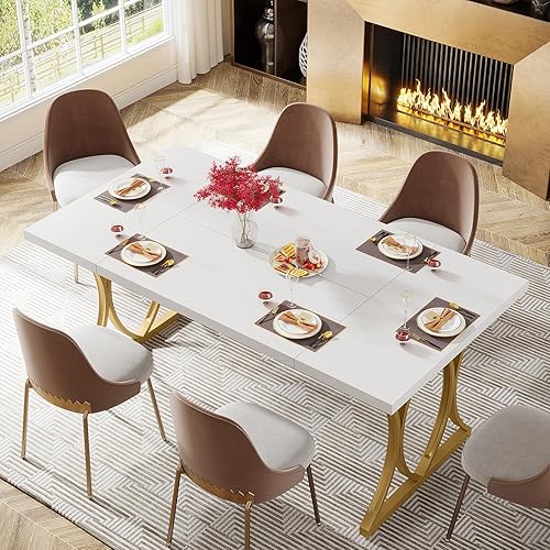 Miniatura 7 de Mesa de comedor rectangular moderna para 6 personas, 63 pulgadas de largo x 31 pulgadas de ancho x 30 de alto, blanco y dorado