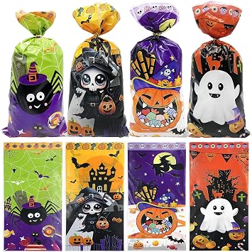 Jexila 100 Halloween Cellophane Treat Bags,Halloween Goodie Candy Bag with Twist for Kids Classroom Party Favor Trick or Treat