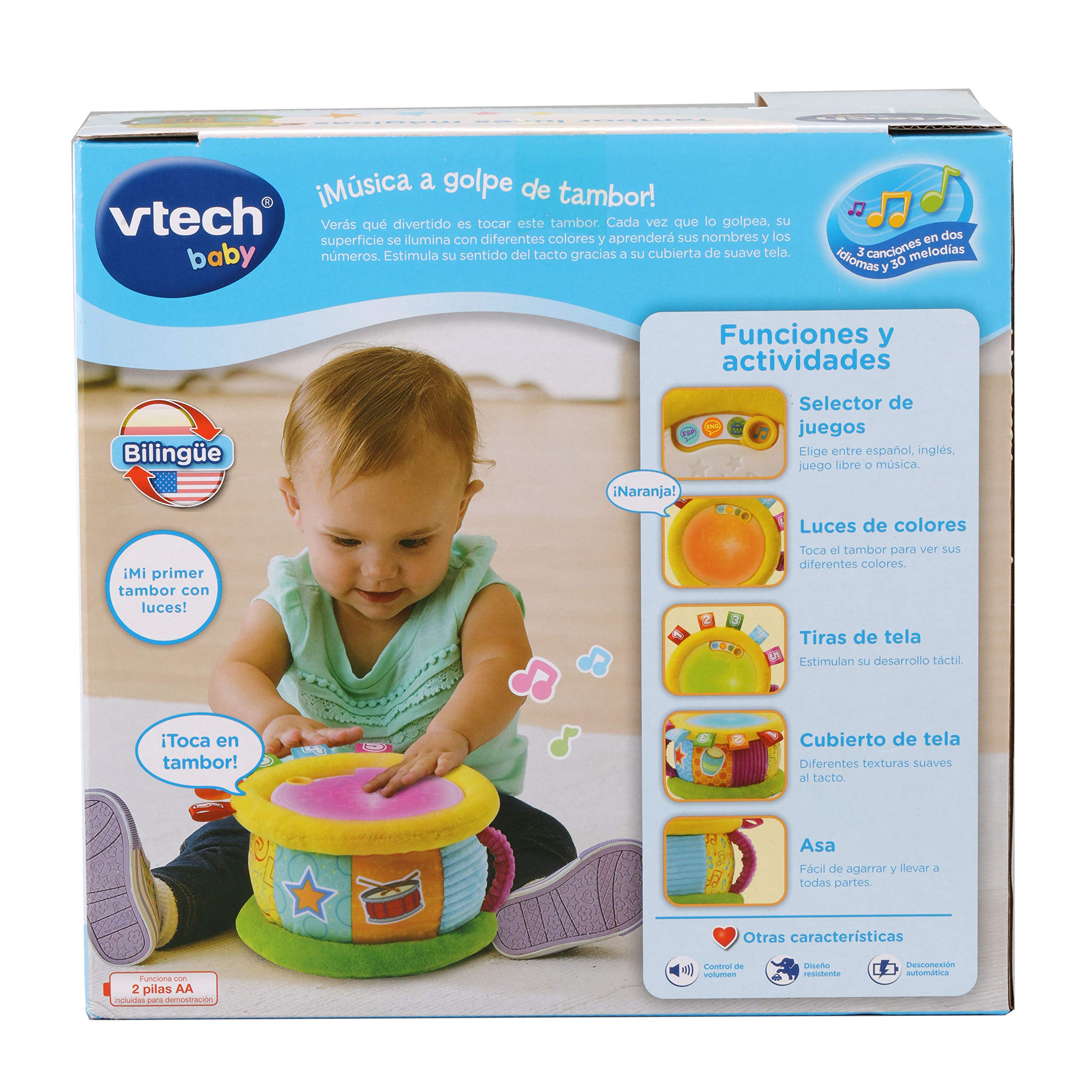VTech-Baby Tambor Luces mágicas | Juguete para bebé +6 Meses | Bilingüe español-inglés | Más de 100 Canciones, melodías, Frases y Sonidos | Versión ESP | Multicolor