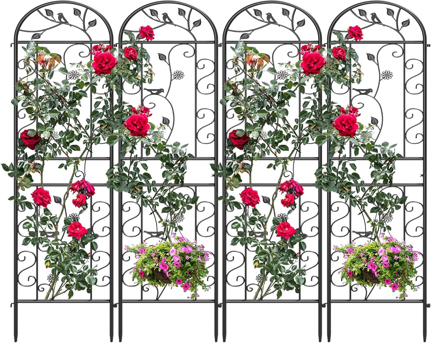 4 Pack 87x20in Garden Trellises, Daisy & Bird Black Metal Coated Rustproof Trellis for Climbing Plants Outdoor, Roses, Vegetables, Vines, Cucumbers