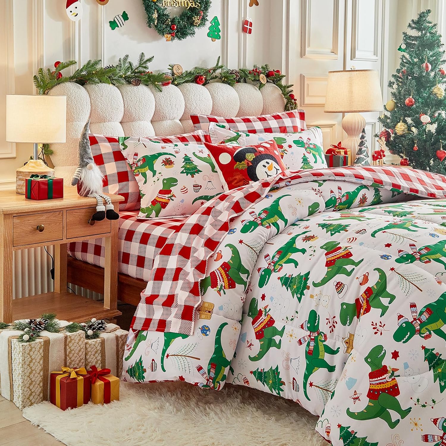 Christmas 7 Pieces Queen Comforter Sheet Set Bed in a Bag Holiday New Year Style - White Green Dinosaurs and Tree Snow - Red Plaid Gingham Bedding Set with Comforters, Sheets, Pillowcases & Shams
