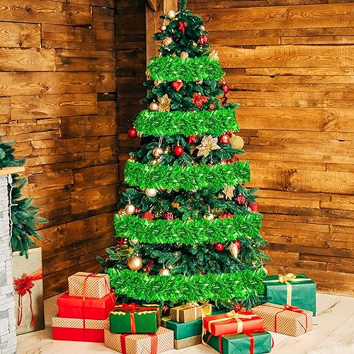 Miniatura 4 de Guirnalda de oropel de Navidad metálica para decoración del árbol de Navidad, suministros de fiesta para interiores y exteriores (verde)