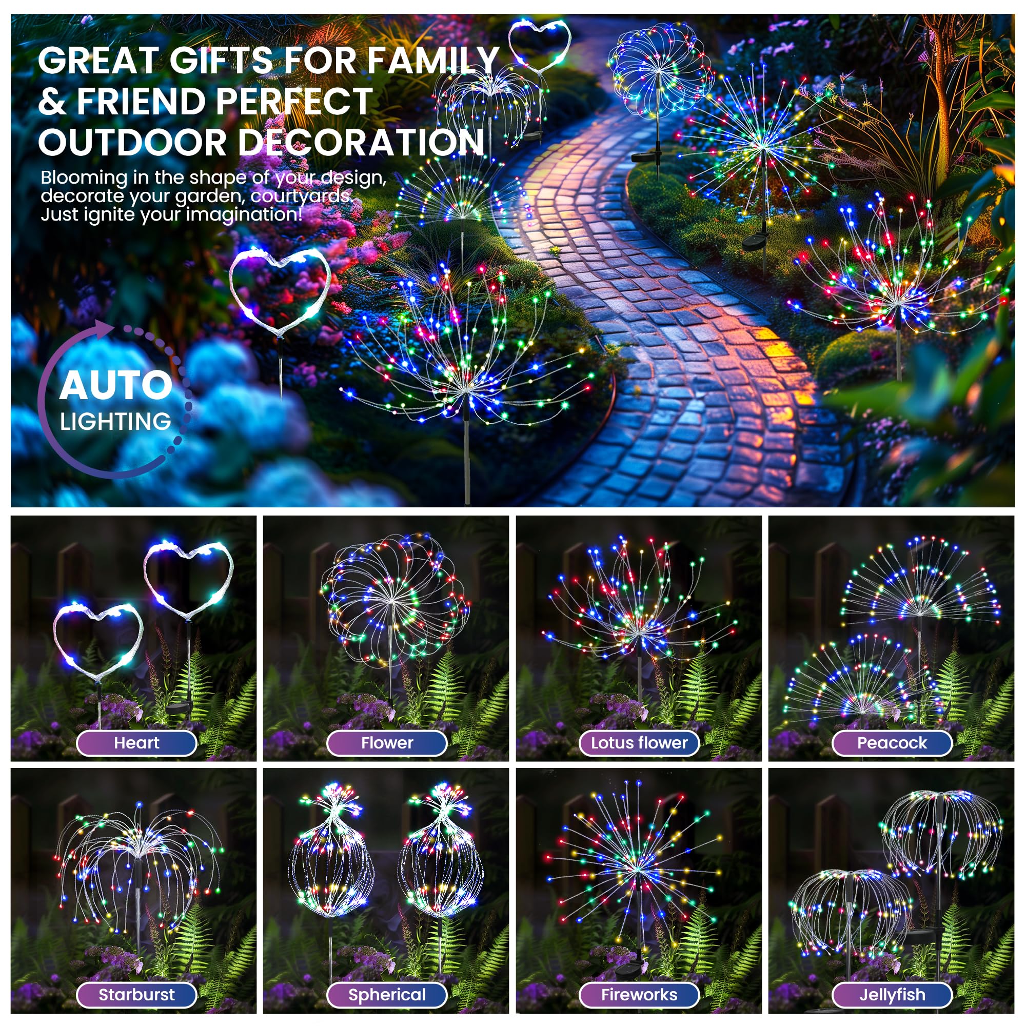 PEVOROS Gartendekor-Solarleuchten für den Außenbereich, 120 LEDs, wasserdicht, bunt, Solar-Lichterkette für den Außenbereich, Dekoration, Hof, Terrasse, Veranda, Blumentopf, Weg, Weihnachten (6er-Pack