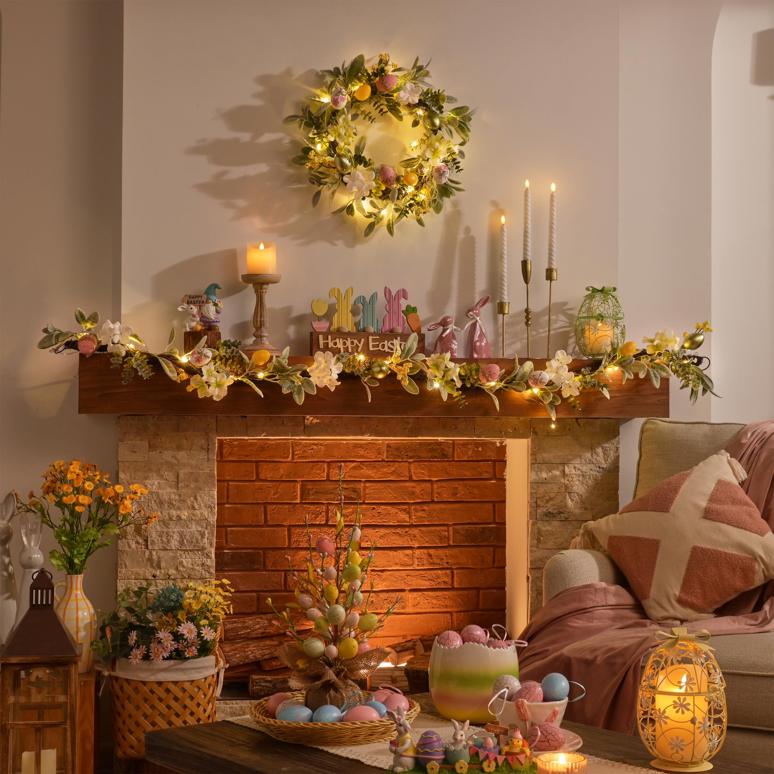 Valery Madelyn Pastel Easter Egg Wreaths Decoration for Front Door with Lights, Artificial Spring Floral Wreath with Lambs Ear Leaves for Home Indoor Outdoor Window Wall Holiday Party Decor-18''