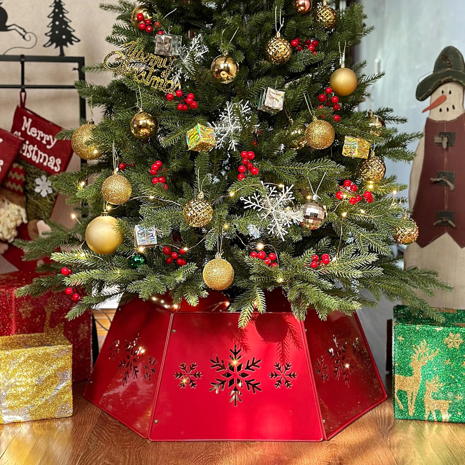 28" Cutout Snowflake Christmas Tree Collar with String Lights, Metal Christmas Tree Collars for Artificial Trees, Beautiful Tree Collar for Pencil Tree Decorates Your Holiday (Red)